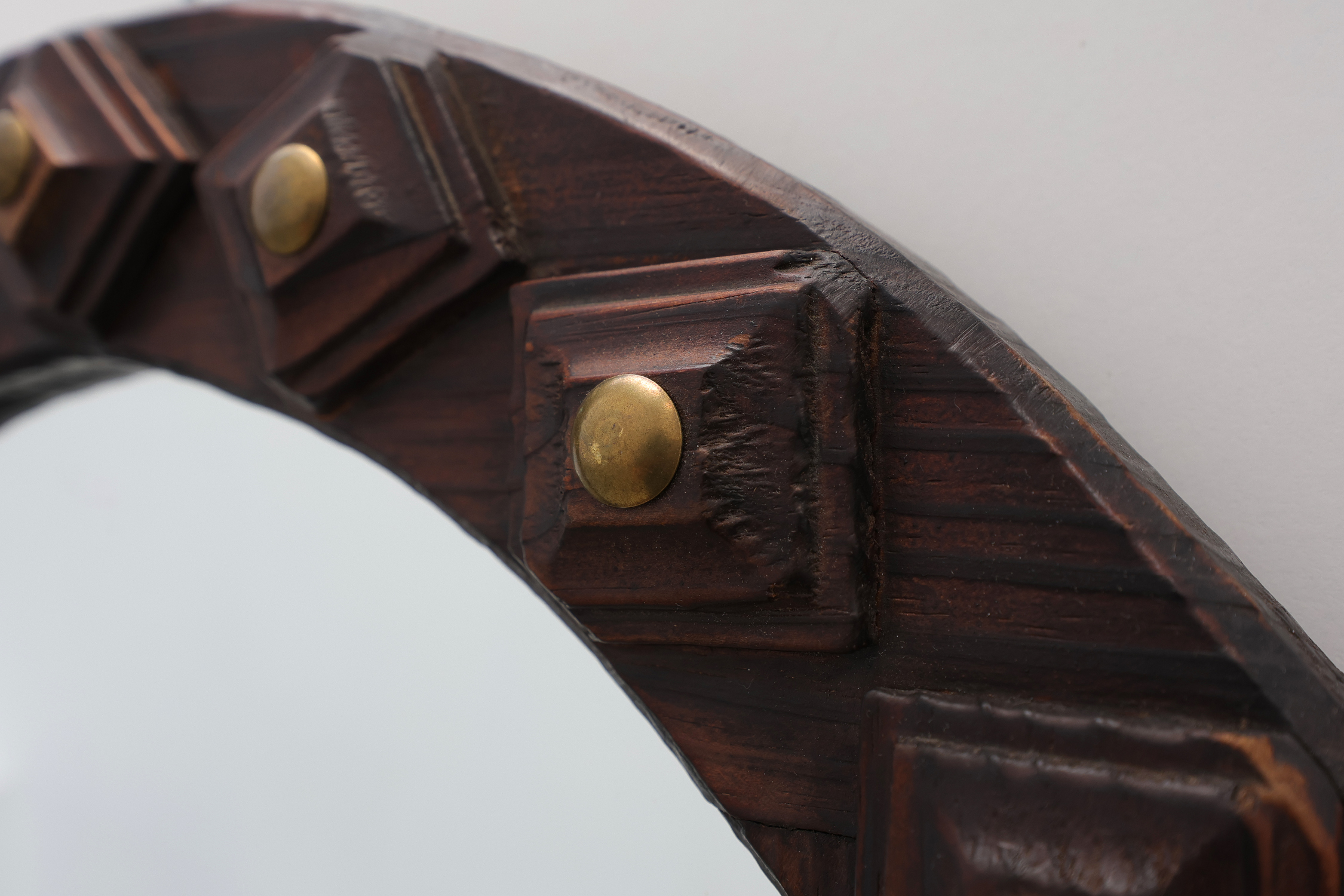 Spanish Brutalist Oval Mirror in Hand-Carved Wood with Brass Studs, 20th Centurythumbnail